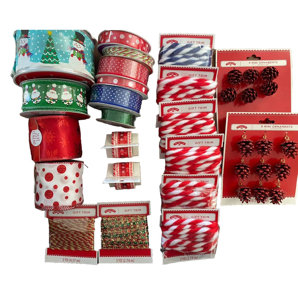 26-Pc Lot Asstd Christmas Gift Wrap Ribbon, Trim, Craft Tape, Cord, Twine Decor